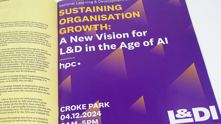 Learning & Development Institute, Conference 2024 promotional and marketing campaign design by UNIT. Studio Dublin. Detail of magazine advert displaying event branding.
